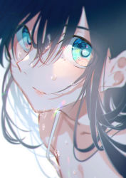 Rule 34 | 1girl, black hair, blue eyes, close-up, highres, looking at viewer, miwano rag, original, portrait, solo, tank top, wet, white background