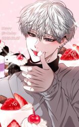 Rule 34 | 1boy, baek siyun, cake, cherry, cream, dreaming freedom, food, fruit, hand up, long hair, messy hair, open mouth, smile, solo, strawberry, sweater, tongue, tongue out, white eyes, white hair, white sweater