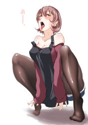 Rule 34 | 1girl, blush, breasts, brown hair, female focus, highres, kanta (k n t r o), large breasts, mature female, open mouth, original, short hair, simple background, solo, squatting, sweat, teeth, text focus, tongue, tongue out, translated, white background, yellow eyes