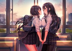 Rule 34 | 2girls, akusema, asymmetrical docking, bad id, bad twitter id, bag, black hair, black jacket, black legwear, black skirt, blue neckwear, blush, braid, breast press, breasts, building, classroom, clothes around waist, collared shirt, commentary request, crying, desk, evening, hair between eyes, highres, holding hands, jacket, jacket around waist, large breasts, lens flare, long hair, looking at another, medium breasts, multiple girls, original, pantyhose, plaid, plaid skirt, pleated skirt, purple eyes, purple neckwear, school bag, school desk, school uniform, shirt, skirt, sleeves rolled up, sunset, tree, twintails, white shirt, window, yuri