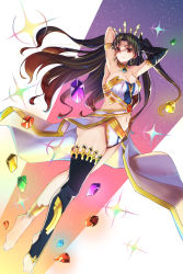 Rule 34 | 1girl, anklet, armlet, armpits, arms behind head, arms up, asymmetrical legwear, asymmetrical sleeves, bare shoulders, barefoot, bikini, black hair, breasts, cleavage, closed mouth, detached sleeves, earrings, fate/grand order, fate (series), feet, full body, gem, gold trim, gradient sky, highres, hoop earrings, ishtar (fate), jewelry, large breasts, legs, long hair, looking at viewer, navel, neck ring, orange sky, parted bangs, pelvic curtain, purple sky, red eyes, single detached sleeve, single thighhigh, sky, smile, sparkle, star (sky), starry sky, swimsuit, thighhighs, tiara, twilight, two side up, udon (udonalium), uneven legwear, uneven sleeves, white bikini