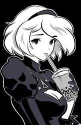 Rule 34 | 1girl, 2b (nier:automata), black background, black dress, black headband, breasts, bubble tea, cleavage, cleavage cutout, close-up, clothing cutout, commentary, cup, disposable cup, dress, drink, drinking, drinking straw, drinking straw in mouth, english commentary, from side, greyscale, headband, highres, holding, holding cup, holding drink, johncaden, long sleeves, looking at viewer, looking to the side, medium breasts, monochrome, nier:automata, nier (series), outline, pink lips, portrait, puffy sleeves, raised eyebrow, short hair, simple background, solo, spot color, upper body, white hair, white outline