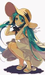 Rule 34 | 1girl, aqua eyes, aqua hair, blush, chin strap, closed mouth, commentary, dress, hat, hatsune miku, highres, long hair, looking at viewer, sandals, sleeveless, sleeveless dress, solo, squatting, straw hat, sundress, toenails, twintails, uminokaisen, very long hair, vocaloid, white dress, white footwear