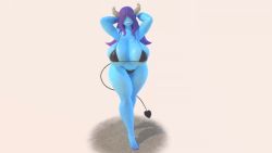 Rule 34 | 1girl, 3d, animated, animated gif, arms behind head, bikini, black bikini, blue skin, breasts, cleavage, colored skin, curvy, demon girl, demon horns, demon tail, hair over eyes, horns, huge breasts, long hair, nail polish, purple hair, simple background, smile, solo, standing, swimsuit, tail, thick thighs, thighs, usukeninja, wide hips