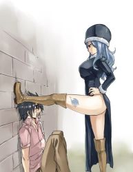 Rule 34 | 1boy, 1girl, against wall, assertive female, black hair, blue hair, boots, breasts, eye contact, fairy tail, fur trim, gradient background, gray fullbuster, huge breasts, imminent rape, juvia lockser, kabedon, leg up, looking at another, mashima hiro, official art, open collar, scated, side slit, spiked hair, sweatdrop, tattoo, thigh boots, thighhighs, you gonna get raped