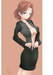 Rule 34 | 10s, 1girl, 2016, absurdres, azumi (girls und panzer), black skirt, blue eyes, breasts, brown hair, closed mouth, cowboy shot, dated, dressing, from side, girls und panzer, grey jacket, highres, irukatto, jacket, looking at viewer, medium breasts, military, military uniform, no bra, no shirt, open clothes, open skirt, panties, panty peek, pencil skirt, selection university military uniform, short hair, simple background, sketch, skirt, smile, solo, standing, twitter username, underwear, uniform