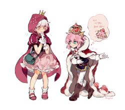 Rule 34 | 1boy, 1girl, blue eyes, boots, brown eyes, brown footwear, cape, closed eyes, closed mouth, cookie run, crown, dress, full body, fur-trimmed cape, fur trim, gloves, hands up, hood, hooded cape, korean text, leaning forward, pants, pink cape, pink dress, pink footwear, pink hair, quilted cape, quilted clothes, red cape, sapphire (nine), shoes, short hair, simple background, smile, socks, strawberry cookie, strawberry crepe cookie, thought bubble, translation request, white background, white gloves, white hair, white pants, white socks