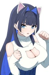Rule 34 | 1girl, :3, absurdres, animal ears, bare shoulders, black hair, blue eyes, blue hair, breasts, cat cutout, cat ears, cleavage, cleavage cutout, clothing cutout, daydarion, fake animal ears, highres, hololive, hololive english, large breasts, long hair, looking at viewer, multicolored hair, official alternate costume, ouro kronii, ouro kronii (casual), paw pose, shirt, simple background, solo, tongue, tongue out, two-tone hair, upper body, virtual youtuber, white background, white shirt