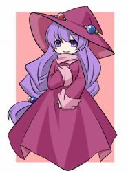 Rule 34 | 1girl, dress, full body, hat, jewelry, long hair, monster maker, pekeruno, pink background, purple eyes, purple hair, rufia (monster maker), simple background, smile, solo, witch, witch hat