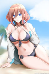 Rule 34 | 1girl, arm support, banned artist, beach, bikini, black bikini, blue eyes, blue sky, blush, breasts, brown hair, cleavage, cloud, front-tie bikini top, front-tie top, go-toubun no hanayome, hair between eyes, headphones, headphones around neck, highres, kimmy77, large breasts, long hair, looking at viewer, nakano miku, navel, off shoulder, palm tree, parted lips, patreon username, playing with own hair, sand, shirt, side-tie bikini bottom, sitting, sky, solo, swimsuit, tree, white shirt