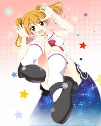Rule 34 | 1girl, arms up, bad id, bad pixiv id, blonde hair, blush, convenient leg, foreshortening, highres, hikaru (houkago no pleiades), houkago no pleiades, komone ushio, mary janes, shoes, skirt, solo, twintails, yellow eyes