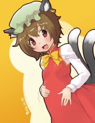 Rule 34 | 1girl, animal ear fluff, animal ears, blush, breasts, brown eyes, brown hair, cat ears, cat tail, chen, child, commentary request, cowboy shot, dated, dress, dutch angle, earrings, fang, green hat, hair between eyes, hand on own stomach, hat, highres, jewelry, kei jiei, long sleeves, looking at viewer, mob cap, multiple tails, one-hour drawing challenge, open mouth, pregnant, red dress, short hair, single earring, skin fang, sleeveless, sleeveless dress, small breasts, smile, solo, tail, touhou, two tails, yellow background