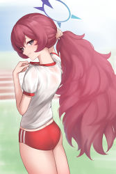 Rule 34 | 1girl, absurdres, adjusting hair, aoi riko, ass, blue archive, blush, bunching hair, buruma, from behind, grey eyes, gym uniform, halo, highres, holding, holding own hair, iroha (blue archive), long hair, looking at viewer, looking back, neck, parted lips, red buruma, red hair, shirt, short sleeves, solo, sweat, very long hair, white shirt