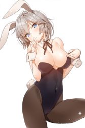 Rule 34 | 10s, 1girl, anastasia (idolmaster), animal ears, bad id, bad pixiv id, black pantyhose, blue eyes, breasts, cleavage, covered navel, detached collar, fake animal ears, idolmaster, idolmaster cinderella girls, large breasts, leotard, mx2j, pantyhose, playboy bunny, rabbit ears, rabbit tail, short hair, silver hair, simple background, sketch, solo, tail, white background, wrist cuffs