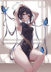 Rule 34 | 1girl, armpits, arms up, bare arms, bare legs, bare shoulders, black dress, black hair, blue archive, breasts, bug, butterfly, china dress, chinese clothes, dragon print, dress, grey eyes, hair ornament, halo, insect, kisaki (blue archive), long hair, looking at viewer, no panties, pelvic curtain, print dress, shiro albino, short dress, sitting, sleeveless, sleeveless dress, small breasts, solo, thighs, twintails, very long hair