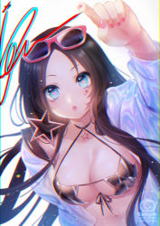 Rule 34 | 1girl, aqua eyes, arm up, artist name, bikini, bikini under clothes, black bikini, black hair, breasts, choker, cleavage, commentary, dutch angle, earrings, eyelashes, eyewear on head, finger writing, fourth wall, front-tie bikini top, front-tie top, glasses, heart, heart-shaped pupils, hobak, jewelry, large breasts, light particles, long hair, long sleeves, looking up, nail polish, navel, open clothes, open shirt, original, pendant, pink-framed eyewear, pink nails, puckered lips, shirt, signature, simple background, solo, star (symbol), star earrings, string bikini, swimsuit, symbol-only commentary, symbol-shaped pupils, upper body, white background, white shirt, writing, drawing on fourth wall