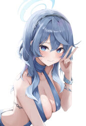 Rule 34 | 1girl, absurdres, ako (blue archive), ako (dress) (blue archive), ass, black hairband, blue archive, blue dress, blue eyes, blue hair, blue halo, bracelet, breasts, butt crack, cleavage, closed mouth, collarbone, dress, hairband, halo, highres, hikimori 1, jewelry, large breasts, light blush, long hair, looking at viewer, sidelocks, simple background, smile, solo, sweat, sweatdrop, upper body, v, white background