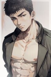 Rule 34 | 1boy, abs, ao isami, black hair, black jacket, border, closed mouth, highres, jacket, jd1 3, looking at viewer, male focus, nipples, open clothes, open jacket, short hair, simple background, solo, upper body, white border, yuuki bakuhatsu bang bravern