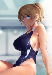 Rule 34 | 1girl, alternate costume, arm support, bikini tan, blue eyes, blue one-piece swimsuit, blush, breasts, brown hair, closed mouth, collarbone, competition swimsuit, covered erect nipples, day, hair between eyes, highleg, highleg swimsuit, indoors, intrepid (kancolle), kantai collection, large breasts, looking at viewer, one-piece swimsuit, ponytail, short hair, short ponytail, sideboob, sitting, smile, solo, swimsuit, tan, tanline, wa (genryusui), wet