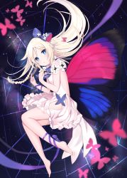 Rule 34 | 1girl, backless dress, backless outfit, bare shoulders, barefoot, blue eyes, bow, bug, butterfly, butterfly wings, dress, full body, hair bow, highres, insect, insect wings, long hair, looking at viewer, lying, omelet tomato, on side, original, parted lips, tears, white dress, white hair, wings