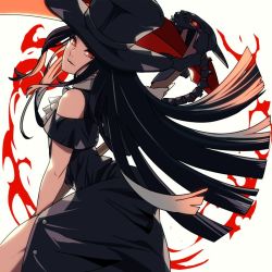 Rule 34 | 1other, androgynous, ascot, black dress, black hair, dress, fingerless gloves, gloves, guilty gear, guilty gear strive, hat, head tilt, holding, holding scythe, holding weapon, long hair, looking at viewer, off-shoulder dress, off shoulder, peko (opal), red eyes, scythe, short sleeves, simple background, skull, smile, solo, testament (guilty gear), top hat, very long hair, weapon, white ascot, white background