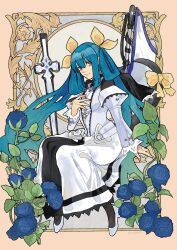 Rule 34 | 1girl, art nouveau, blue flower, blue hair, blue rose, bow, breasts, detached sleeves, dizzy (guilty gear), dress, flag, flower, guilty gear, guilty gear xrd, hair ribbon, hair rings, highres, large breasts, long hair, long sleeves, looking at viewer, monster girl, nishimoto, red eyes, ribbon, rose, sitting, smile, tail, tail bow, tail ornament, tail ribbon, thunderseal, white dress, white footwear, white sleeves, yellow ribbon