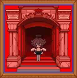 Rule 34 | animated, animated gif, black skirt, blinking, brown hair, column, halo, highres, meyou 0319, pillar, pixel art, red background, red eyes, short hair, skirt, solo, standing, wings
