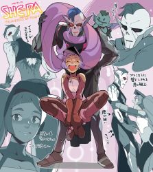 Rule 34 | 1boy, 1girl, arm grab, blue hair, dirty, entrapta, closed eyes, hordak, mask, mask on head, masters of the universe, monster boy, open mouth, pointy ears, prehensile hair, purple hair, red eyes, she-ra and the princesses of power, smile, sweatdrop, welding mask, yutaka7