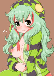 Rule 34 | 1girl, bagua zhang, boomslang (kemono friends), breasts, brown background, closed mouth, flying sweatdrops, furrowed brow, green hair, grey eyes, hair between eyes, hood, hooded jacket, jacket, kemono friends, long hair, long sleeves, looking at viewer, medium breasts, multicolored hair, nipples, no bra, one breast out, red eyes, simple background, smile, snake print, snake tail, solo, tail, two-tone hair, undressing, unzipping, upper body, zipper, zipper pull tab