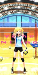 Rule 34 | 1girl, absurdres, aikatsu!, aikatsu! (series), aikatsu stars!, asics, ball, black shorts, blonde hair, breasts, closed mouth, colored tips, commentary request, full body, highres, indoors, knee pads, long hair, looking at viewer, medium breasts, mikasa sports, mizuno (brand), multicolored hair, nijino yume, orange eyes, orval, pink hair, shadow, shirt, shorts, sleeveless, sleeveless shirt, solo, sportswear, standing, twintails, volleyball, volleyball (object), volleyball net, volleyball uniform, white shirt