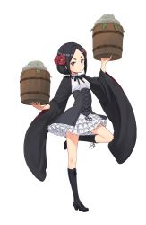 Rule 34 | 1girl, black eyes, black footwear, black hair, boots, bucket, cross-laced footwear, eyebrows, flower, frilled skirt, frills, full body, hair flower, hair ornament, highres, holding, holding bucket, lace-up boots, looking at viewer, official art, princess principal, princess principal game of mission, school uniform, skirt, solo, standing, standing on one leg, toudou chise, transparent background, white skirt, wide sleeves