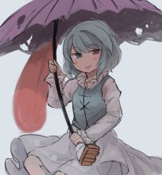 Rule 34 | 1girl, :p, bad id, bad twitter id, blue eyes, blue hair, blue vest, blush, dress, geta, heterochromia, highres, holding, holding umbrella, juliet sleeves, long sleeves, looking at viewer, puffy sleeves, red eyes, smile, solo, tatara kogasa, tongue, tongue out, touhou, tsukiori, umbrella, vest, white background, white dress