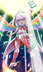 Rule 34 | 1girl, ankh, arm up, belt, bow, commentary request, feathered wings, feathers, footwear bow, hat, highres, hollow song of birds, kayon (touzoku), kneehighs, looking at viewer, miniskirt, multicolored wings, open mouth, rainbow gradient, rainbow wings, red bow, red socks, shoes, short hair, skirt, socks, solo, sun, torisumi horou, touhou, vial, white footwear, white hair, white hat, wings, yellow eyes