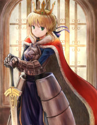 Rule 34 | 1girl, ahoge, armor, armored dress, artoria pendragon (fate), blonde hair, cape, crown, dress, excalibur (fate/stay night), fate (series), green eyes, hair ribbon, highres, okitsugu, ribbon, saber (fate), smile, solo, weapon
