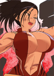 Rule 34 | 1girl, black eyes, black hair, boku no hero academia, breasts, center opening, cleavage, damos (child flame), fighting, hair pulled back, highres, large breasts, leotard, long hair, navel, open mouth, ponytail, red leotard, revealing clothes, sleeveless, solo, superhero costume, sweat, yaoyorozu momo