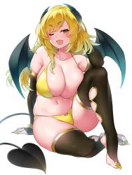 Rule 34 | 1girl, bikini, black gloves, black thighhighs, blonde hair, blush, breasts, cleavage, collarbone, demon girl, demon horns, demon tail, demon wings, elbow gloves, fingernails, gloves, highres, horns, large breasts, looking at viewer, navel, one eye closed, open mouth, original, sharp fingernails, sharp toenails, short hair, simple background, smile, solo, suruga (xsurugax), swimsuit, tail, thick eyebrows, thighhighs, toenails, white background, wings, yellow bikini, yellow eyes