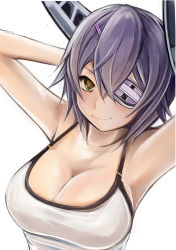 Rule 34 | 10s, 1girl, arms up, bad id, bad pixiv id, bikini, breasts, cleavage, eyepatch, female focus, hair ornament, hairclip, headgear, kantai collection, large breasts, nannacy7, purple hair, short hair, simple background, sleeveless, smile, solo, swimsuit, tenryuu (kancolle), upper body, white background, white bikini, yellow eyes