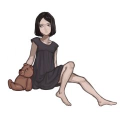 Rule 34 | 1girl, arm support, asian, barefoot, black hair, bob cut, breasts, character request, closed mouth, collarbone, commentary request, copyright request, dress, feet, full body, grey dress, highres, kondate (inugrm), looking to the side, parted bangs, short hair, short sleeves, simple background, sitting, small breasts, solo, stuffed animal, stuffed toy, teddy bear, white background