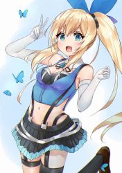 Rule 34 | 1girl, :d, bare shoulders, black skirt, black thighhighs, blonde hair, blue background, blue eyes, blush, breasts, bug, butterfly, cleavage, detached collar, elbow gloves, garter straps, gloves, hair between eyes, insect, light particles, medium breasts, mirai akari, mirai akari project, navel, open mouth, ponytail, racchi., sidelocks, single thighhigh, skirt, smile, solo, suspender skirt, suspenders, thigh strap, thighhighs, v, v-shaped eyebrows, vest, virtual youtuber, white gloves