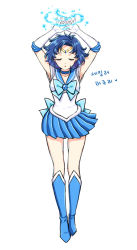 Rule 34 | 1girl, arms up, bad id, bad pixiv id, bishoujo senshi sailor moon, blue bow, blue footwear, blue hair, blue sailor collar, blue skirt, boots, bow, brooch, choker, elbow gloves, closed eyes, full body, gloves, hydrokinesis, jewelry, knee boots, magical girl, mizuno ami, pleated skirt, sailor collar, sailor mercury, shainea, short hair, skirt, solo, standing, tiara, water, white background, white gloves