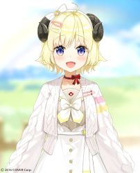 Rule 34 | 2016, ahoge, animal ears, arms at sides, blonde hair, blurry, blurry background, bow, cardigan, choker, company name, copyright notice, curled horns, dress, fuumi (radial engine), hair ornament, hairband, hairclip, hololive, horns, looking at viewer, official art, open cardigan, open clothes, open mouth, purple eyes, ribbon choker, sailor collar, sheep ears, sheep horns, short hair, smile, solo, sweater, tsunomaki watame, tsunomaki watame (street casual), upper body, virtual youtuber