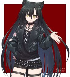Rule 34 | 1girl, animal ears, arknights, belt, black belt, black choker, black hair, black shirt, black shorts, border, cat ears, cat girl, choker, commentary, contrapposto, cowboy shot, dagda (arknights), dated, hand up, highres, long hair, multiple belts, red background, ryota tentei, shirt, shorts, simple background, slit pupils, solo, studded belt, thigh strap, torn clothes, twitter username, undershirt, white shirt, yellow eyes