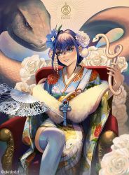 Rule 34 | 1girl, animal, blue hair, blue kimono, boros (ouro kronii), character name, commentary, english commentary, flower, fur scarf, hair intakes, hand fan, head tilt, highres, holding, holding animal, holding fan, hololive, hololive english, japanese clothes, kimono, ouro kronii, ouro kronii (new year), rose, santafe99, short hair, smile, snake, solo, thighhighs, virtual youtuber, white flower, white rose, white thighhighs