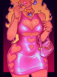 Rule 34 | 1girl, applying makeup, bag, black border, blonde hair, blue gemstone, border, bowser logo, bracelet, breasts, charm (object), choker, cleavage, cleavage cutout, clothing cutout, commentary, confiserie, dress, earrings, english commentary, fingernails, gem, gold choker, gradient background, handbag, head out of frame, heart, heart choker, heart cutout, hip vent, jewelry, large breasts, lipgloss, long fingernails, long hair, mario (series), navel cutout, nintendo, no bra, no panties, outline, outside border, pendant choker, pink dress, pink lips, pink nails, pink outline, princess peach, shiny clothes, short dress, solo, tan, thick lips, underboob, underboob cutout, very long hair