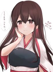 Rule 34 | 1girl, 9610 (kuroto), absurdres, akagi (kancolle), blush, breasts, brown eyes, brown hair, dated, hair between eyes, hakama, hakama short skirt, hakama skirt, hand on own face, highres, japanese clothes, kantai collection, long hair, long sleeves, looking at viewer, medium breasts, muneate, red hakama, red skirt, signature, skirt, solo, speech bubble, straight hair, twitter username, upper body, wide sleeves