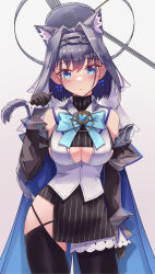 Rule 34 | 1girl, absurdres, animal ears, black gloves, black thighhighs, blue cape, blue eyes, blue hair, blush, bow, bow earrings, bowtie, breasts, cape, cat ears, cat tail, cleavage cutout, clock hands, closed mouth, clothing cutout, cowboy shot, detached sleeves, earrings, gloves, hair intakes, halo, head chain, highres, hololive, hololive english, jewelry, large breasts, looking at viewer, mechanical halo, miniskirt, ouro kronii, paw pose, shironekokfp, skirt, solo, tail, thighhighs, veil, virtual youtuber