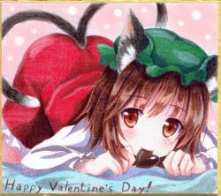 Rule 34 | 1girl, all fours, animal ears, blush, brown eyes, brown hair, candy, cat ears, cat tail, chen, chocolate, chocolate heart, dress, food, graphite (medium), happy valentine, hat, heart, kittona, long sleeves, looking at viewer, millipen (medium), mob cap, mouth hold, multiple tails, nekomata, red dress, shikishi, shirt, smile, solo, tail, touhou, traditional media, two tails, vlen, watercolor pencil (medium)