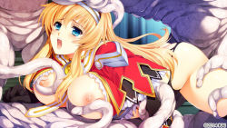 Rule 34 | 1girl, ass, blonde hair, blue eyes, breasts, censored, dressed armor, game cg, headband, large breasts, nipples, open mouth, pantyhose, pendulum, tamiya akito, tears, tentacles, torn clothes, torn legwear