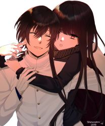 Rule 34 | 1boy, 1girl, 2019, :d, :o, ^ ^, artist name, bad id, bad twitter id, black hair, bright pupils, brown scarf, buttons, cheek poking, closed eyes, fate/grand order, fate (series), gloves, hair between eyes, highres, long hair, long sleeves, open mouth, oryou (fate), poking, red eyes, rider class (fate), sakamoto ryouma (fate), scarf, shinosatsu, short hair, smile, teeth, white background, white gloves, white pupils