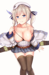 Rule 34 | 10s, 1girl, bare shoulders, beret, blue eyes, blush, breasts, breasts out, cai geng, collarbone, cucouroux (granblue fantasy), granblue fantasy, grey hair, hat, highres, large breasts, looking at viewer, medium breasts, nipples, parted lips, puffy nipples, sitting, skirt, smile, solo, thighhighs